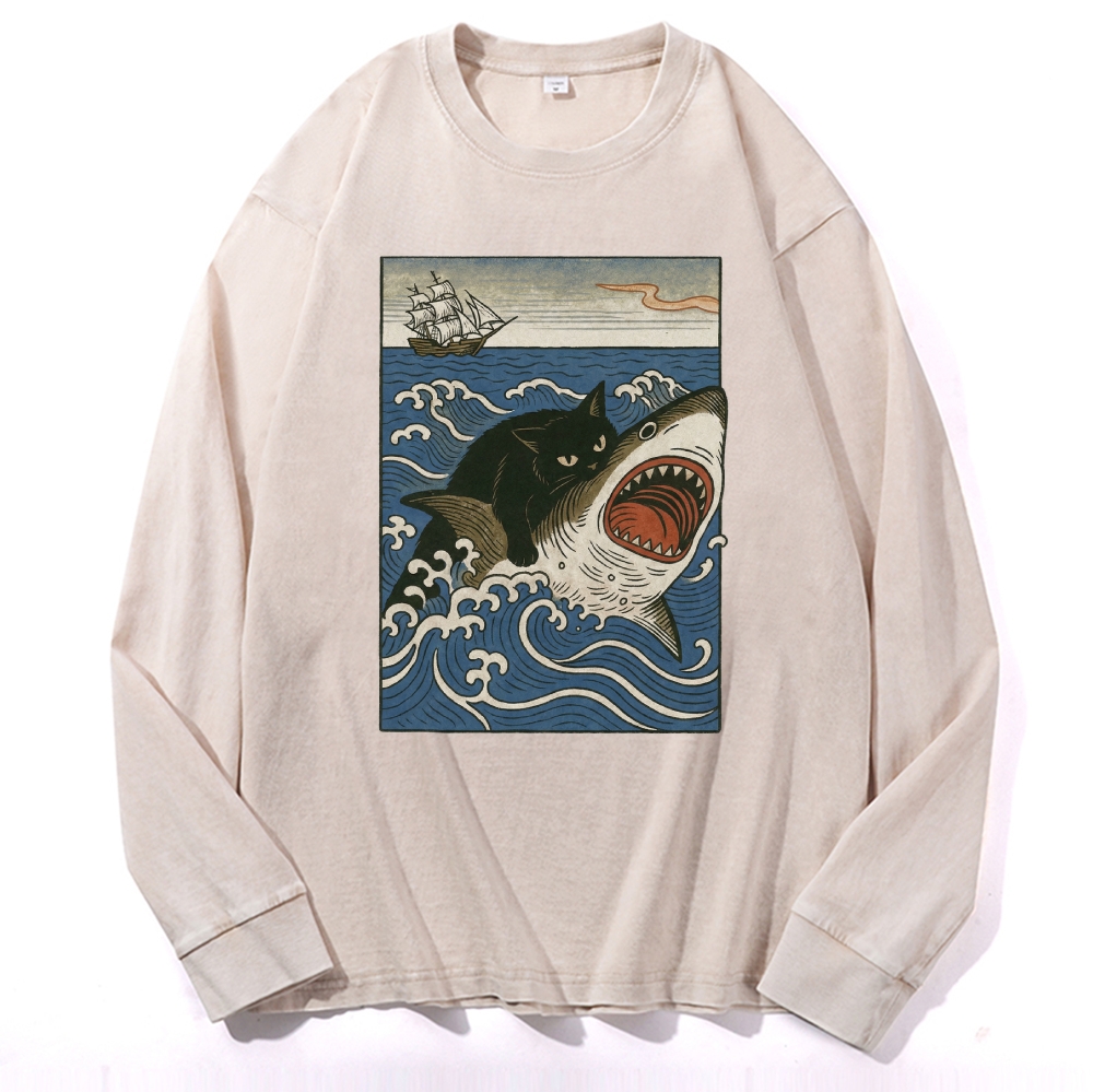 Ukiyo-e Cat Riding Shark Retro Washed Long Sleeve T-Shirt