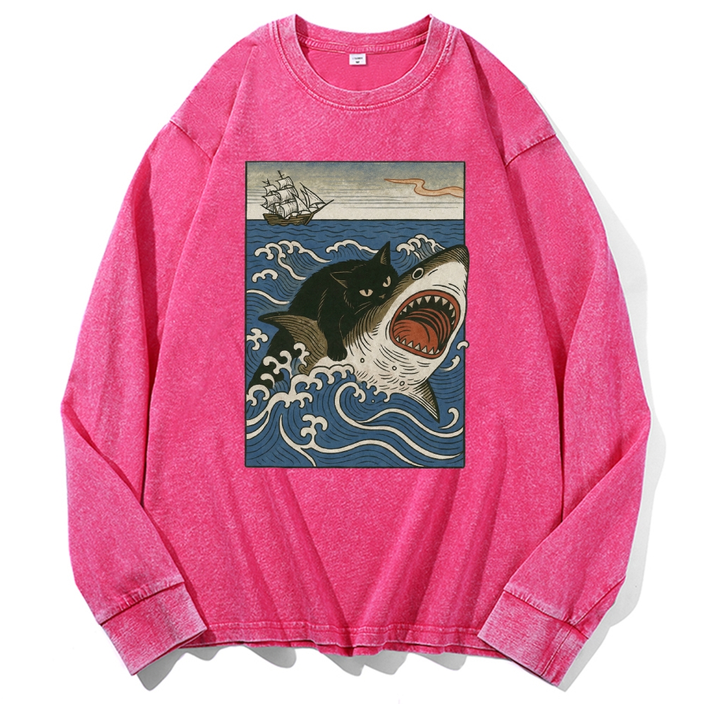 Ukiyo-e Cat Riding Shark Retro Washed Long Sleeve T-Shirt