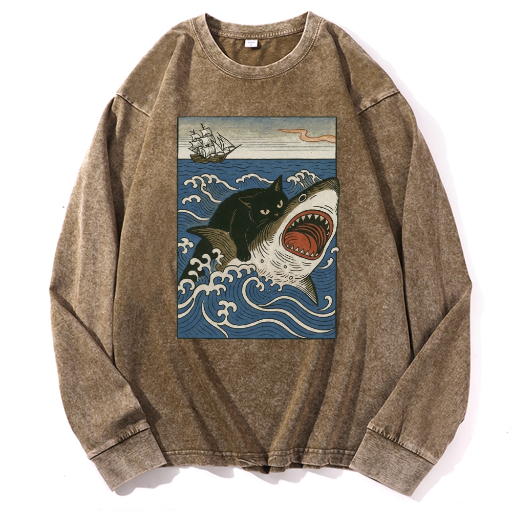 Ukiyo-e Cat Riding Shark Retro Washed Long Sleeve T-Shirt