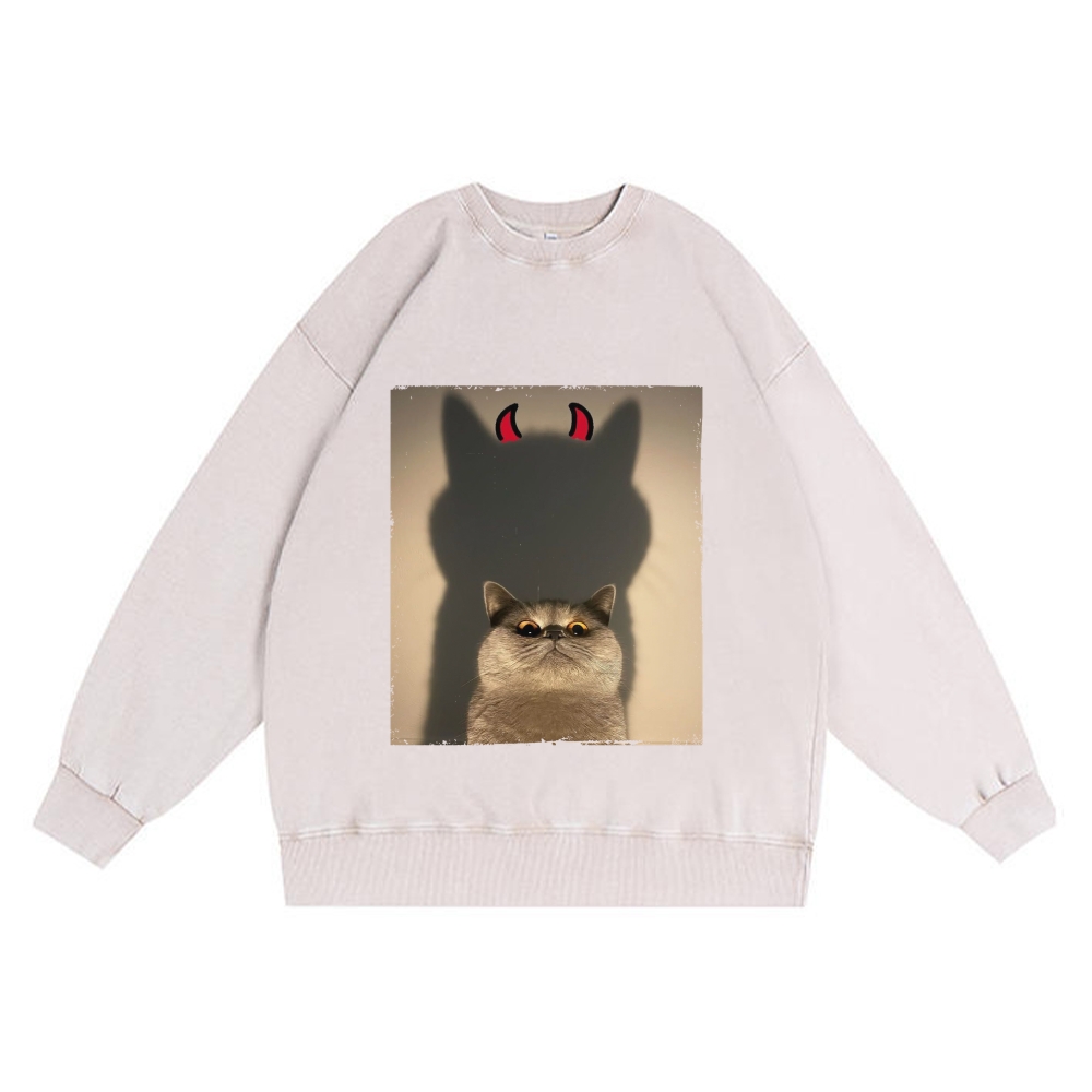 Demon Shadow Cat Meme Retro Premium Washed Cotton Crewneck Sweatshirt