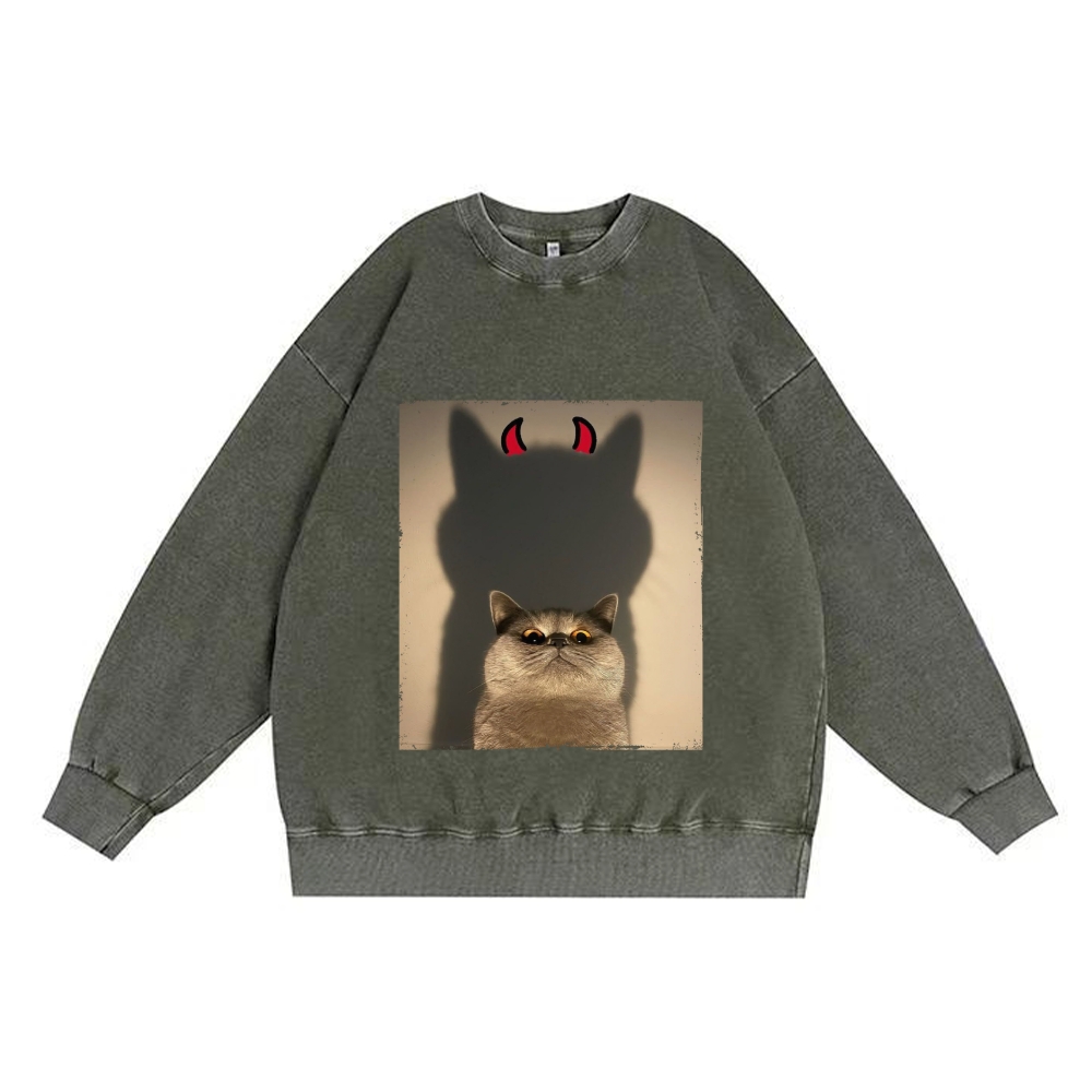 Demon Shadow Cat Meme Retro Premium Washed Cotton Crewneck Sweatshirt