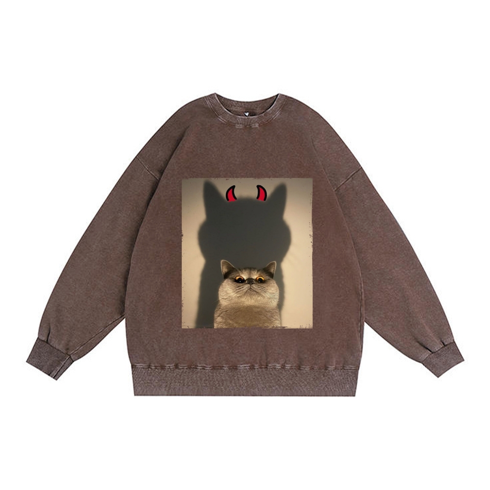 Demon Shadow Cat Meme Retro Premium Washed Cotton Crewneck Sweatshirt