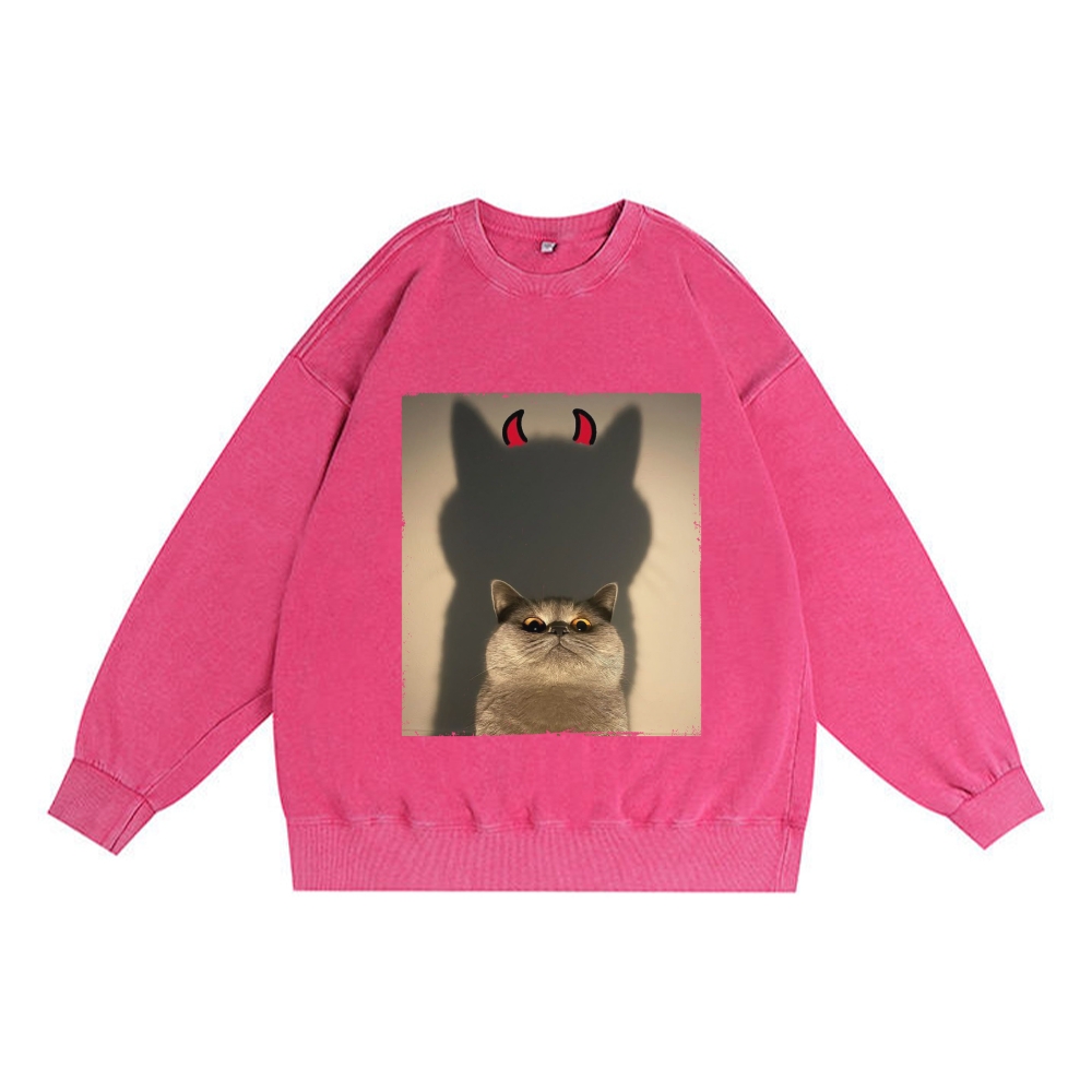 Demon Shadow Cat Meme Retro Premium Washed Cotton Crewneck Sweatshirt