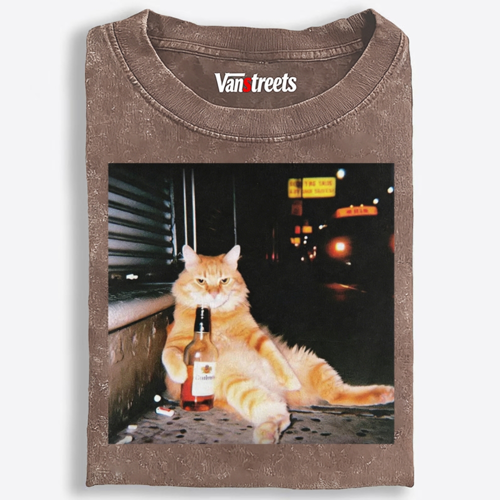 Street Drunk Cat Meme Retro Washed T-Shirt | 100% Cotton | Streetwear Essential