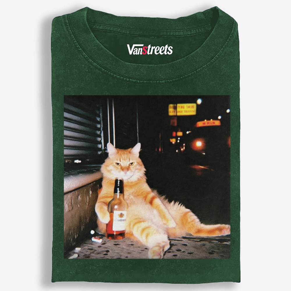 Street Drunk Cat Meme Retro Washed T-Shirt | 100% Cotton | Streetwear Essential