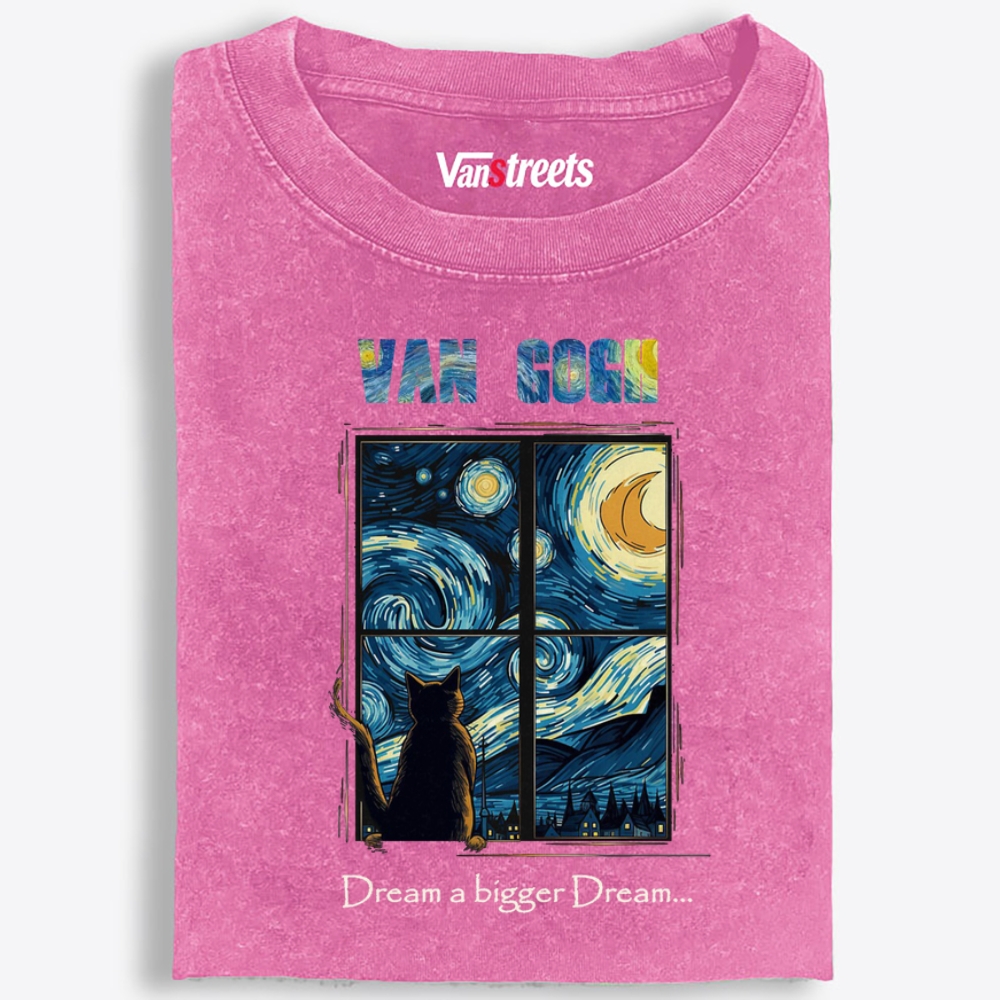 Van Gogh Cat Watching Starry Night Through Window Retro Washed T-Shirt | 100% Cotton | Streetwear Essential