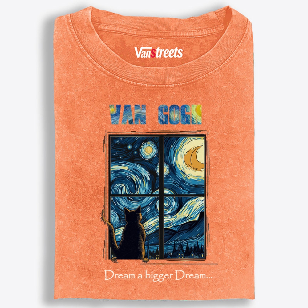Van Gogh Cat Watching Starry Night Through Window Retro Washed T-Shirt | 100% Cotton | Streetwear Essential
