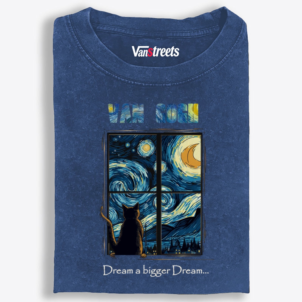 Van Gogh Cat Watching Starry Night Through Window Retro Washed T-Shirt | 100% Cotton | Streetwear Essential
