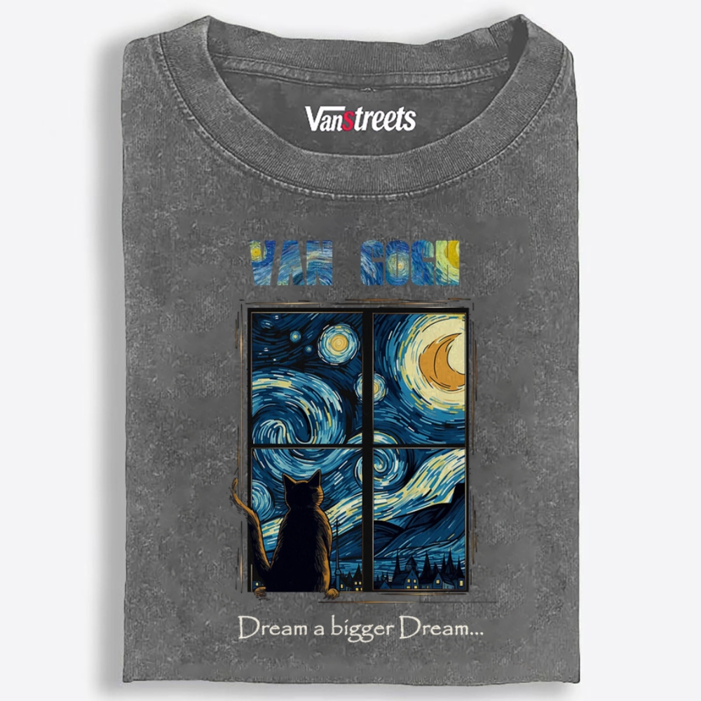 Van Gogh Cat Watching Starry Night Through Window Retro Washed T-Shirt | 100% Cotton | Streetwear Essential