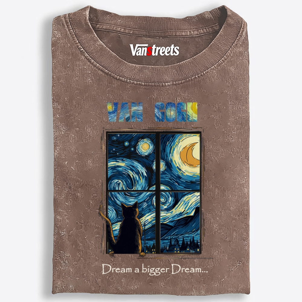 Van Gogh Cat Watching Starry Night Through Window Retro Washed T-Shirt | 100% Cotton | Streetwear Essential