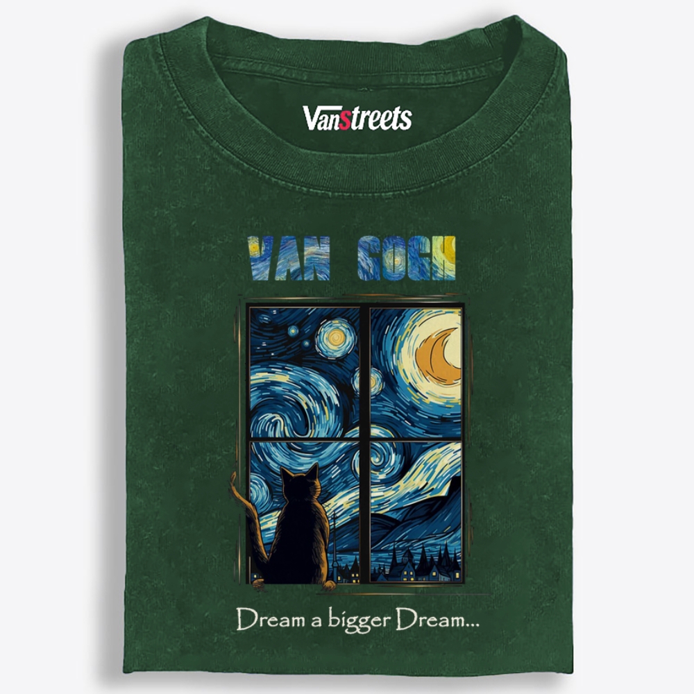 Van Gogh Cat Watching Starry Night Through Window Retro Washed T-Shirt | 100% Cotton | Streetwear Essential