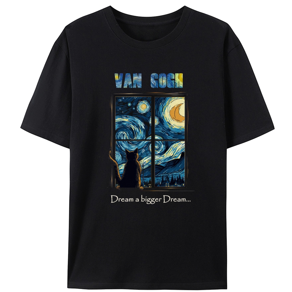 Van Gogh Cat Watching Starry Night Through Window Retro Designed for Women - Slim Fit Cotton Tee