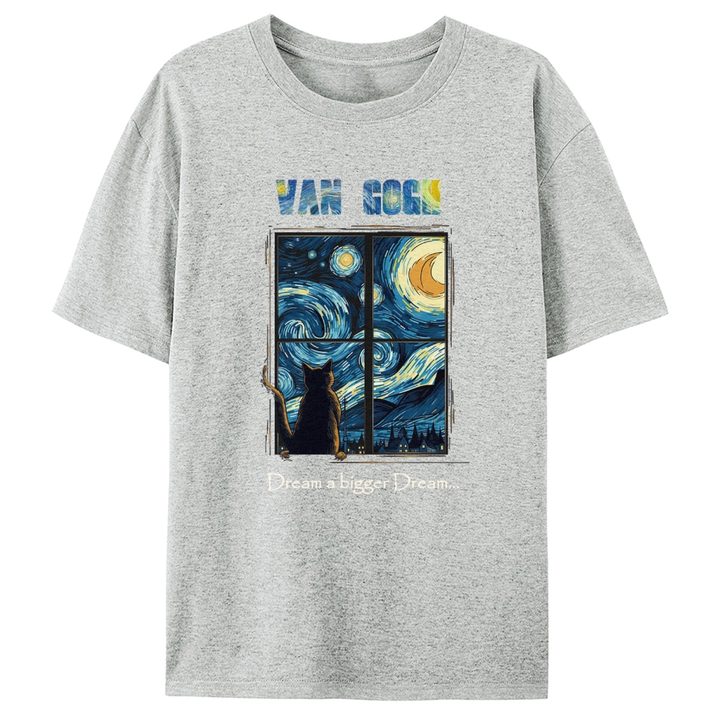 Van Gogh Cat Watching Starry Night Through Window Retro Designed for Women - Slim Fit Cotton Tee