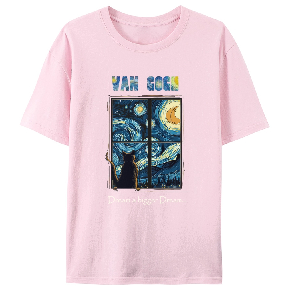 Van Gogh Cat Watching Starry Night Through Window Retro Designed for Women - Slim Fit Cotton Tee