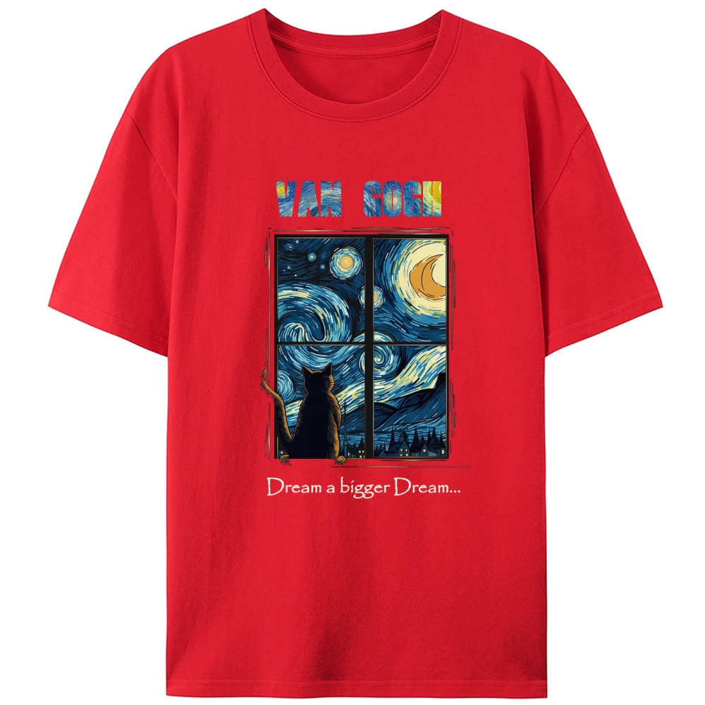 Van Gogh Cat Watching Starry Night Through Window Retro Designed for Women - Slim Fit Cotton Tee