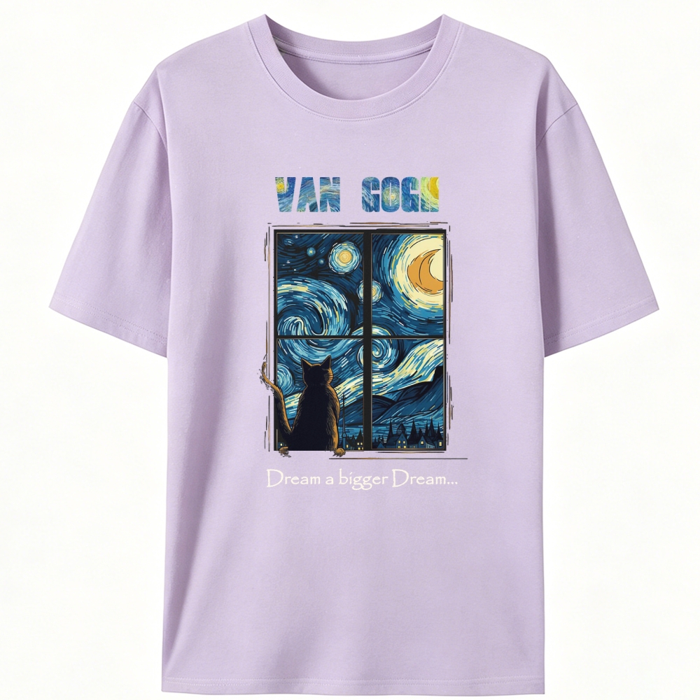 Van Gogh Cat Watching Starry Night Through Window Retro Designed for Women - Slim Fit Cotton Tee
