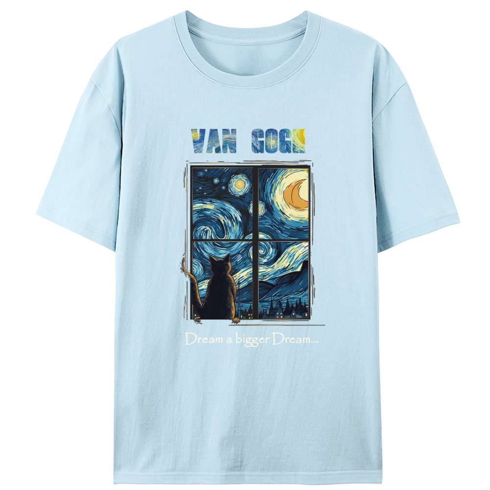Van Gogh Cat Watching Starry Night Through Window Retro Designed for Women - Slim Fit Cotton Tee
