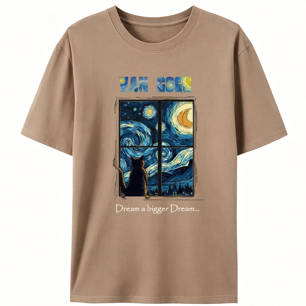 Van Gogh Cat Watching Starry Night Through Window Retro Designed for Women - Slim Fit Cotton Tee