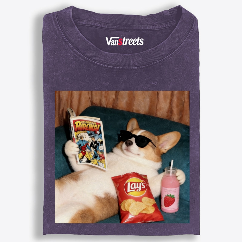 Comic Book Corgi Snack Vibes Washed T-Shirt | 100% Cotton | Streetwear Essential