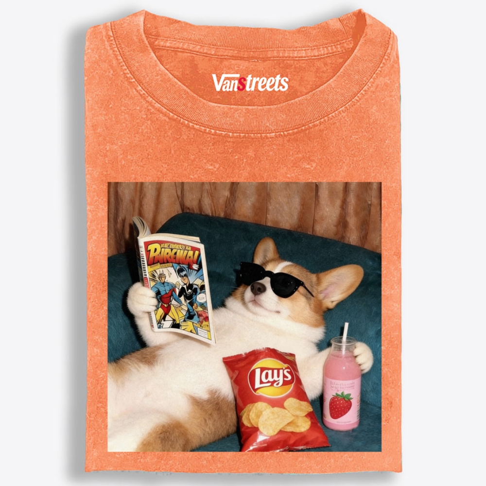 Comic Book Corgi Snack Vibes Washed T-Shirt | 100% Cotton | Streetwear Essential