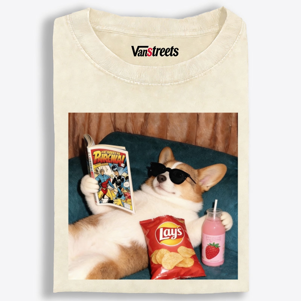 Comic Book Corgi Snack Vibes Washed T-Shirt | 100% Cotton | Streetwear Essential