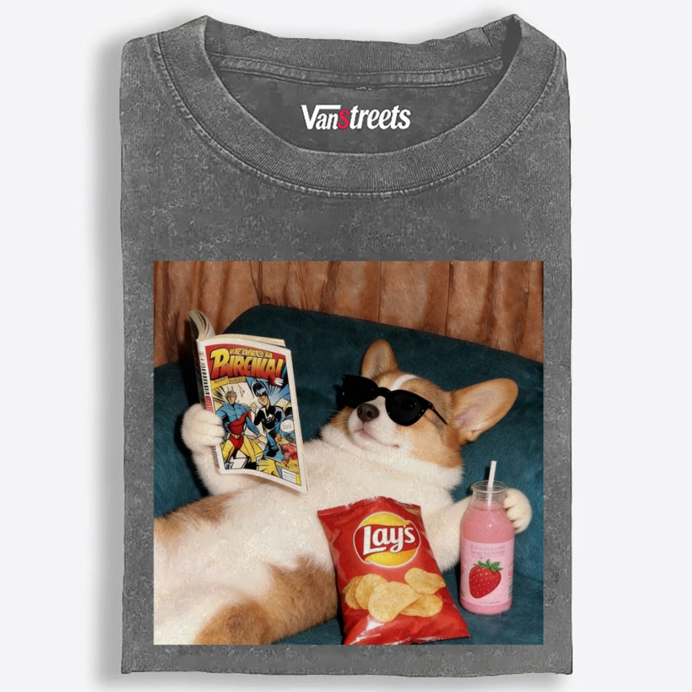 Comic Book Corgi Snack Vibes Washed T-Shirt | 100% Cotton | Streetwear Essential