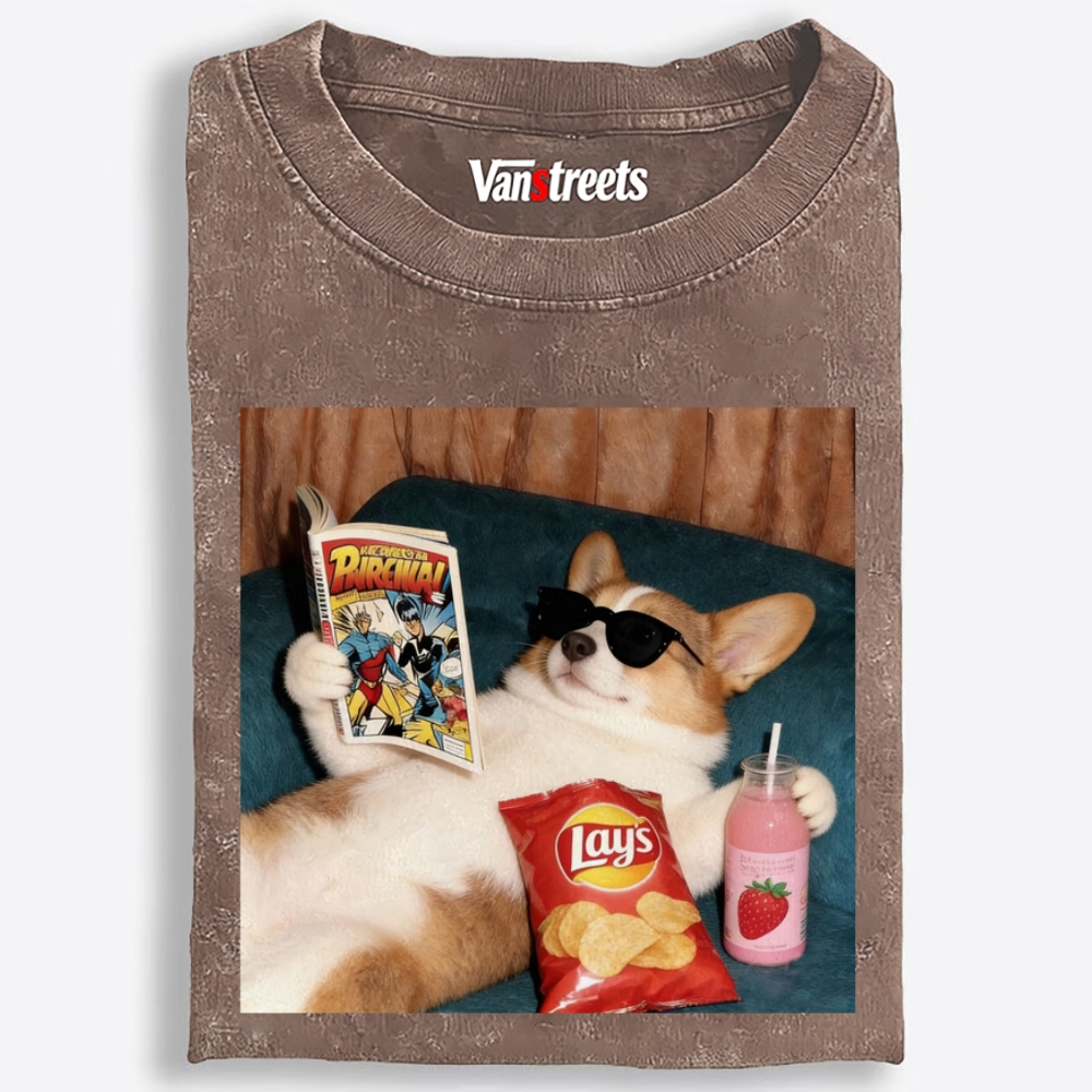 Comic Book Corgi Snack Vibes Washed T-Shirt | 100% Cotton | Streetwear Essential
