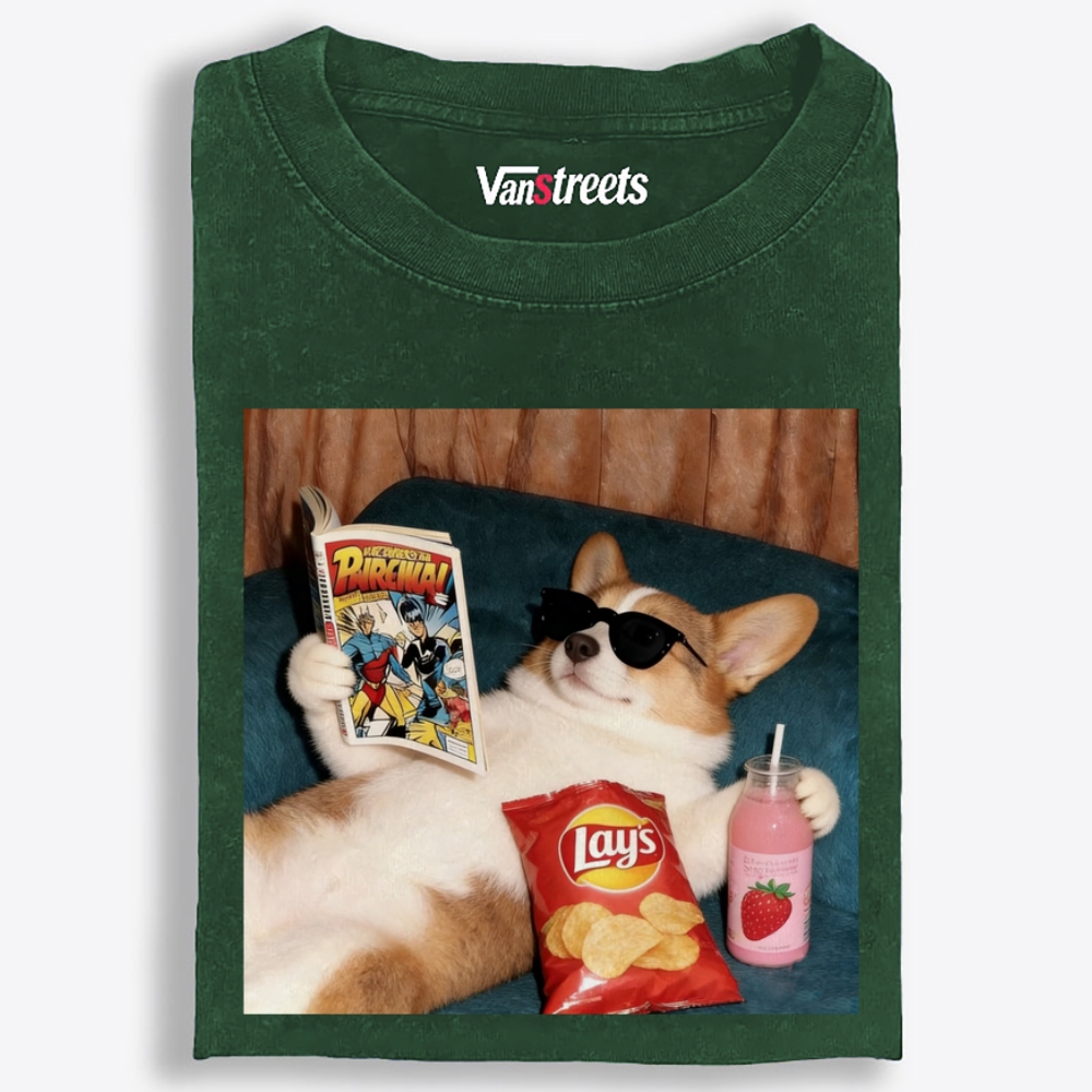Comic Book Corgi Snack Vibes Washed T-Shirt | 100% Cotton | Streetwear Essential
