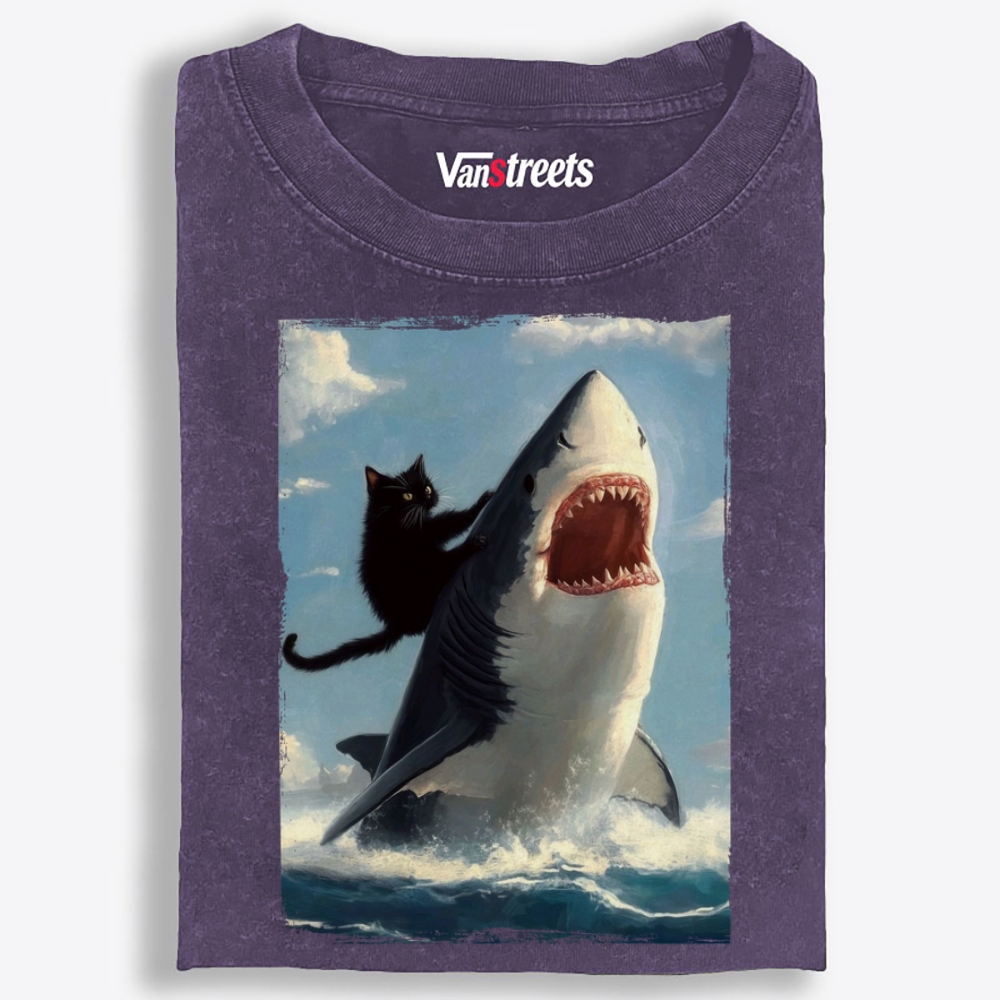 Oil Painting Cat Riding Shark Retro Washed T-Shirt | 100% Cotton | Streetwear Essential