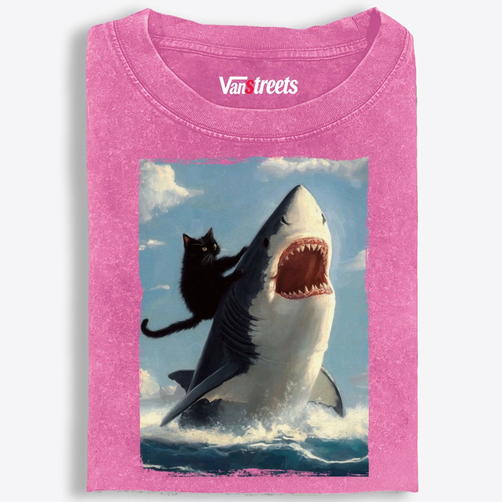 Oil Painting Cat Riding Shark Retro Washed T-Shirt | 100% Cotton | Streetwear Essential