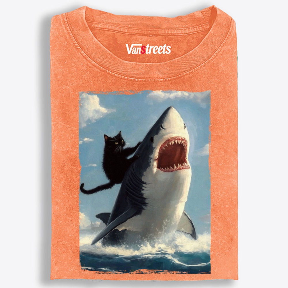 Oil Painting Cat Riding Shark Retro Washed T-Shirt | 100% Cotton | Streetwear Essential