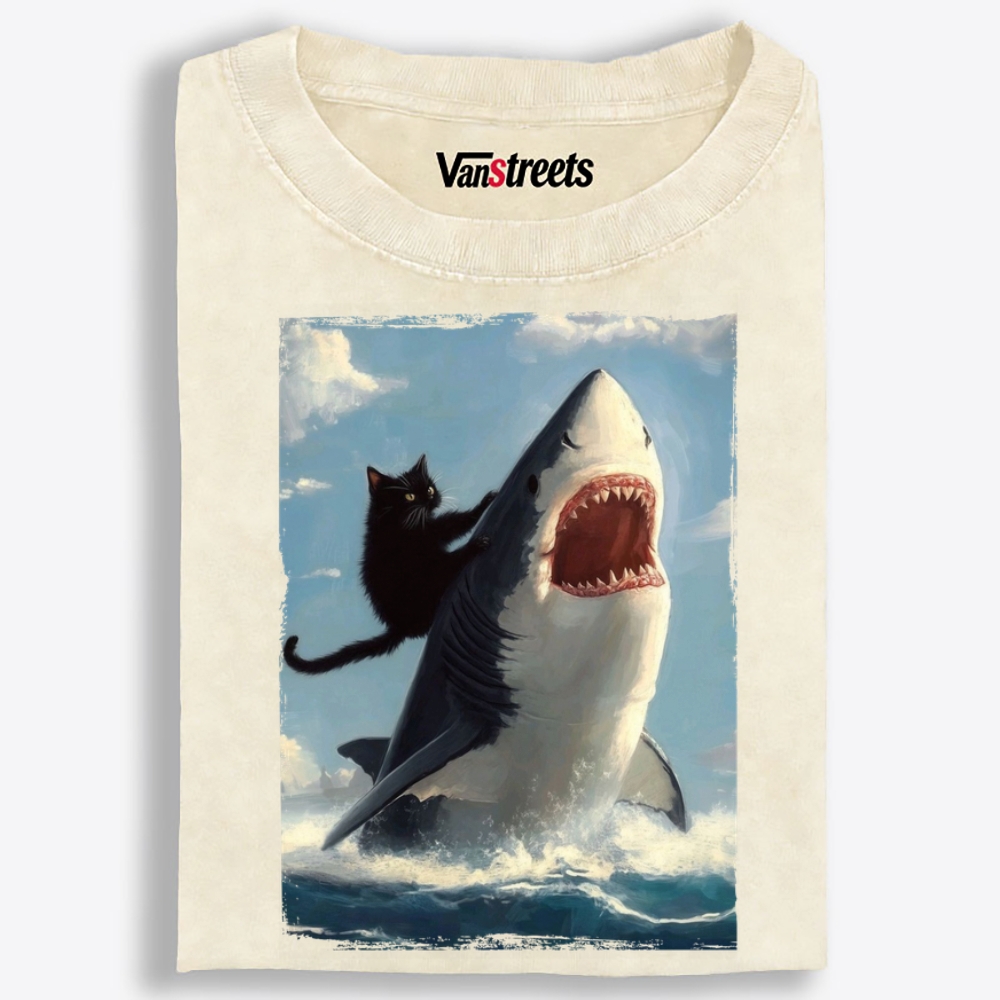 Oil Painting Cat Riding Shark Retro Washed T-Shirt | 100% Cotton | Streetwear Essential
