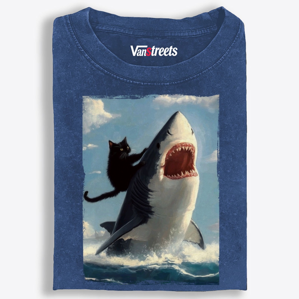 Oil Painting Cat Riding Shark Retro Washed T-Shirt | 100% Cotton | Streetwear Essential