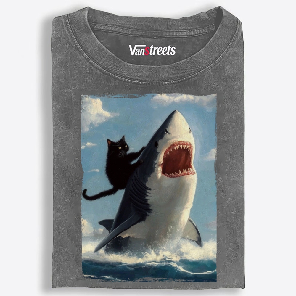 Oil Painting Cat Riding Shark Retro Washed T-Shirt | 100% Cotton | Streetwear Essential