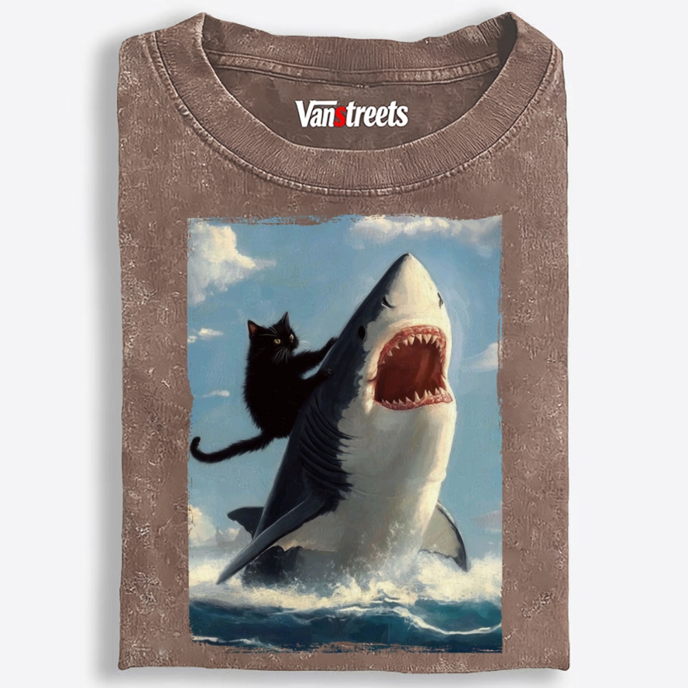 Oil Painting Cat Riding Shark Retro Washed T-Shirt | 100% Cotton | Streetwear Essential