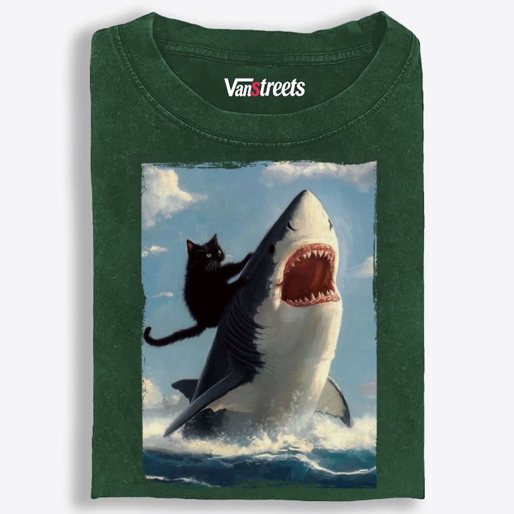 Oil Painting Cat Riding Shark Retro Washed T-Shirt | 100% Cotton | Streetwear Essential