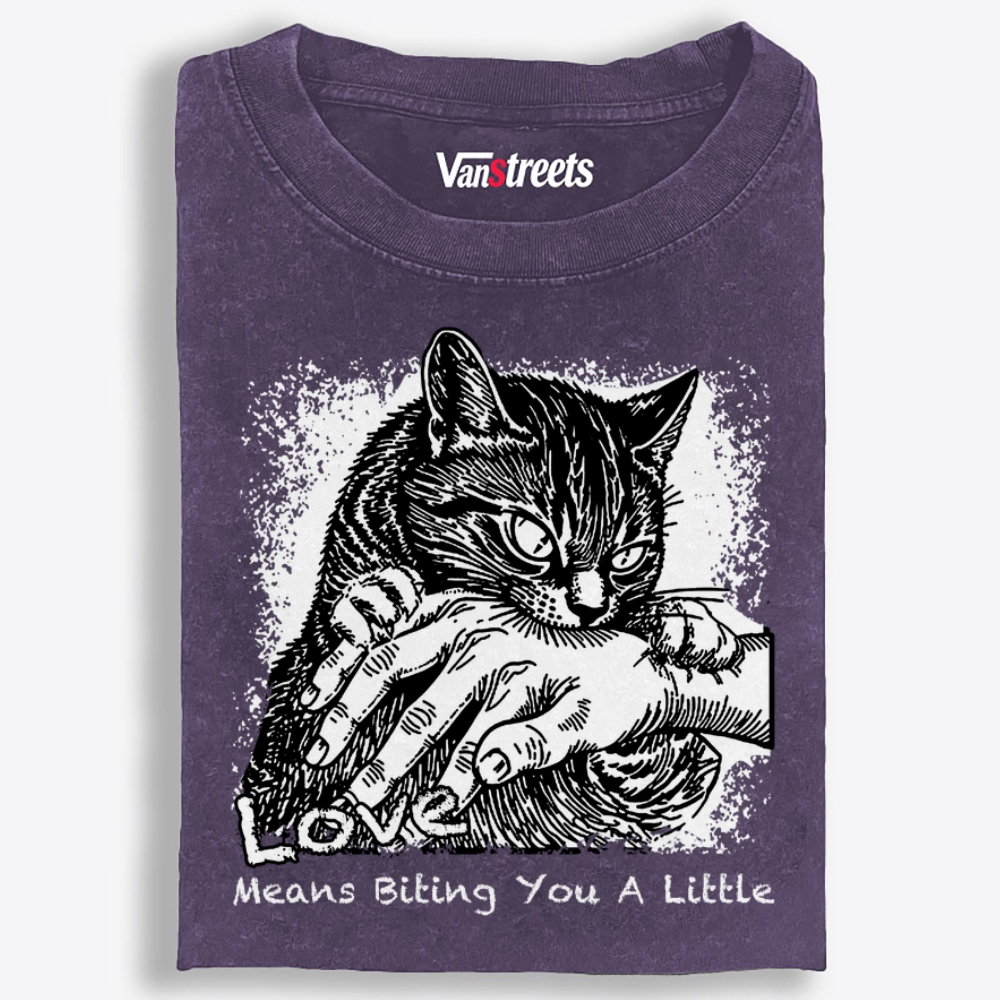Love Means Biting You A Little Cat Retro Washed T-Shirt | 100% Cotton | Streetwear Essential