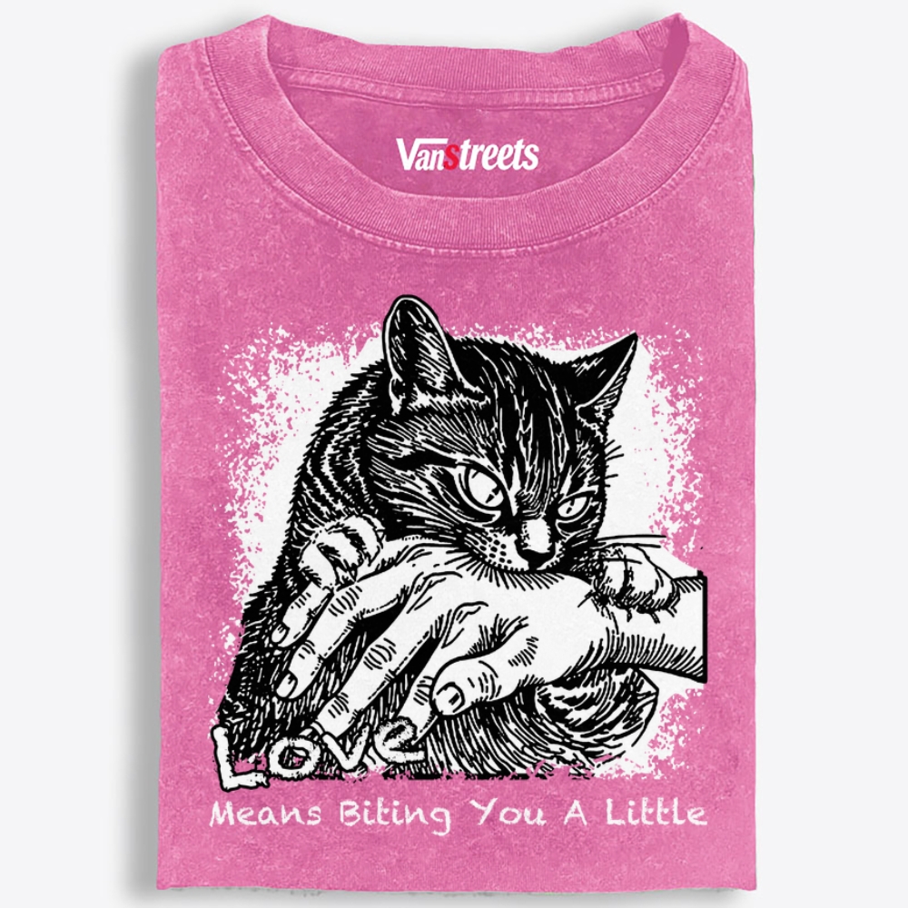 Love Means Biting You A Little Cat Retro Washed T-Shirt | 100% Cotton | Streetwear Essential