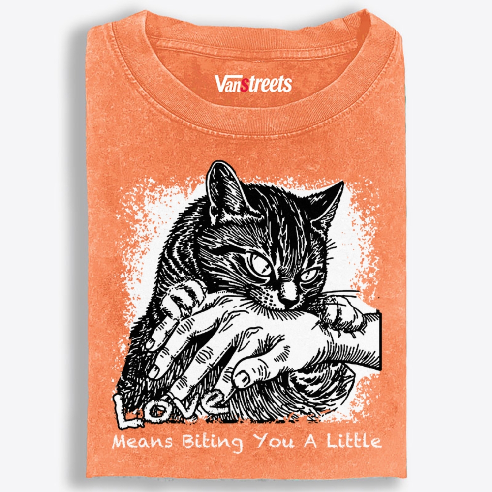 Love Means Biting You A Little Cat Retro Washed T-Shirt | 100% Cotton | Streetwear Essential