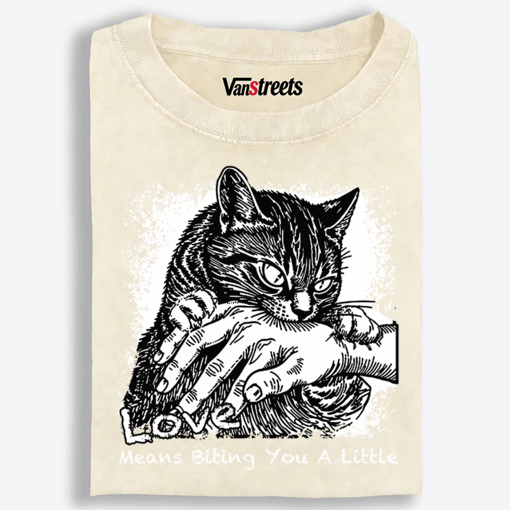 Love Means Biting You A Little Cat Retro Washed T-Shirt | 100% Cotton | Streetwear Essential