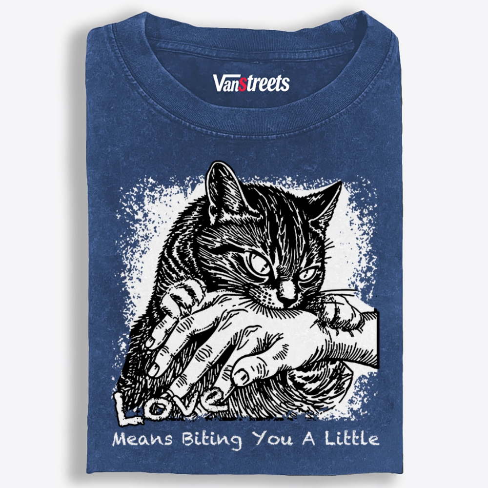 Love Means Biting You A Little Cat Retro Washed T-Shirt | 100% Cotton | Streetwear Essential