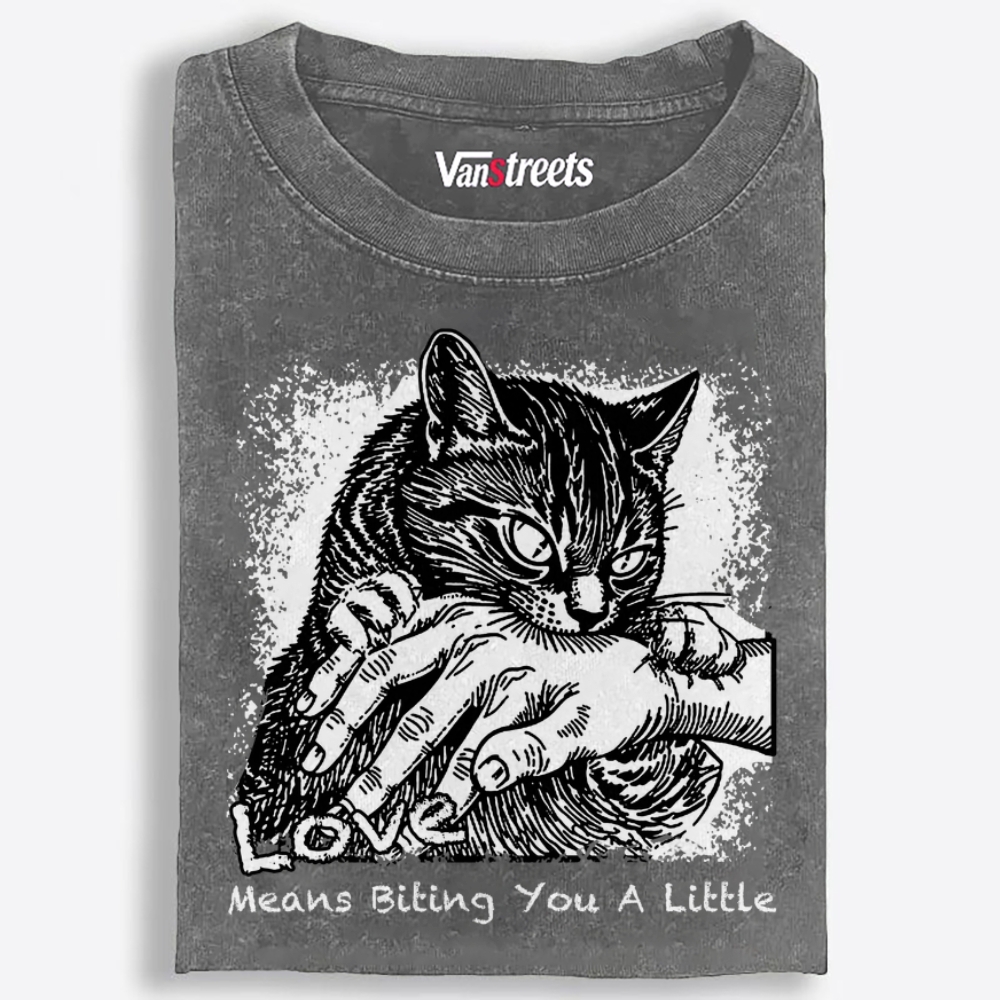 Love Means Biting You A Little Cat Retro Washed T-Shirt | 100% Cotton | Streetwear Essential