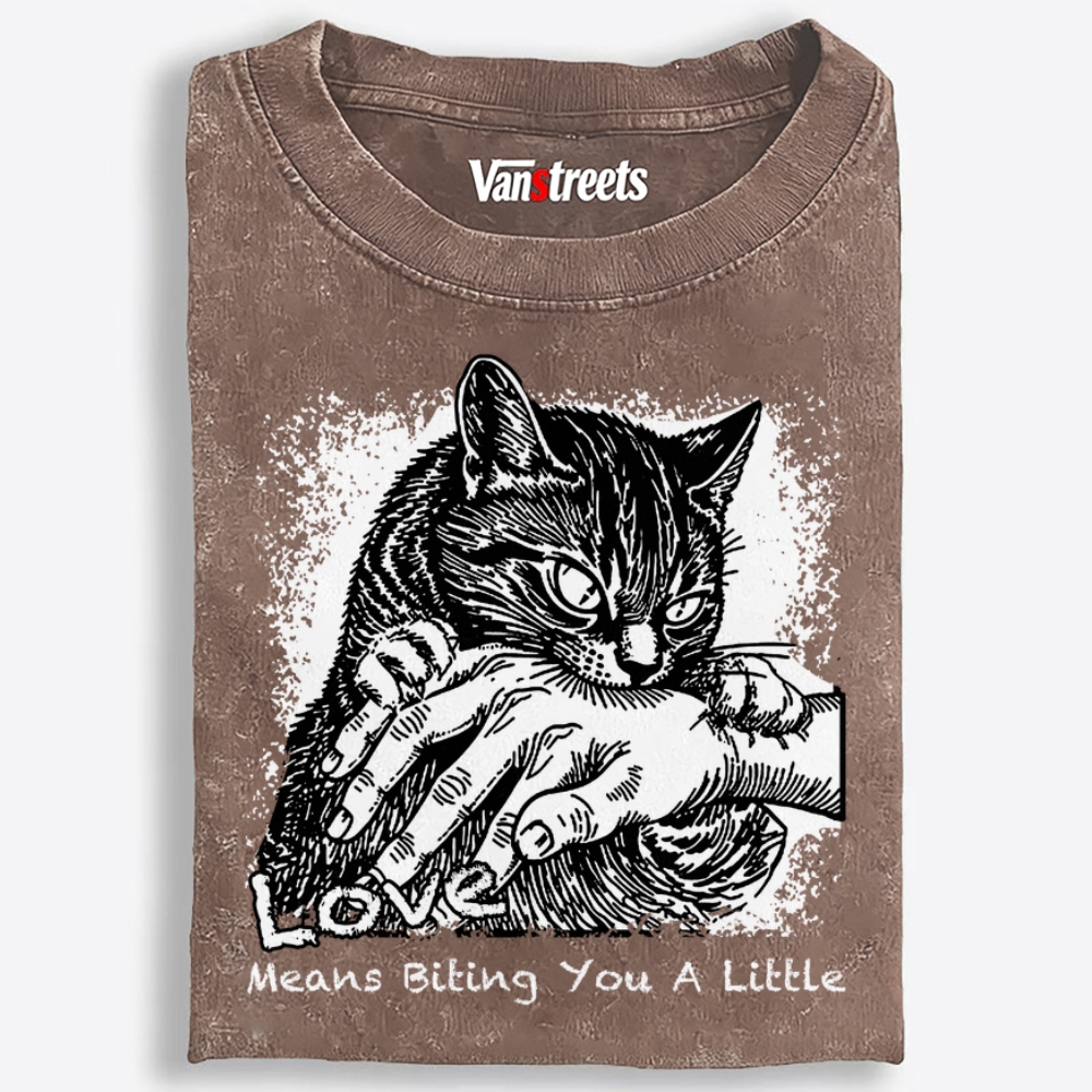 Love Means Biting You A Little Cat Retro Washed T-Shirt | 100% Cotton | Streetwear Essential