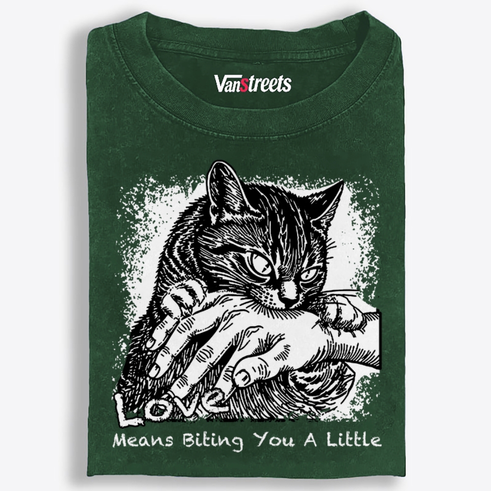 Love Means Biting You A Little Cat Retro Washed T-Shirt | 100% Cotton | Streetwear Essential
