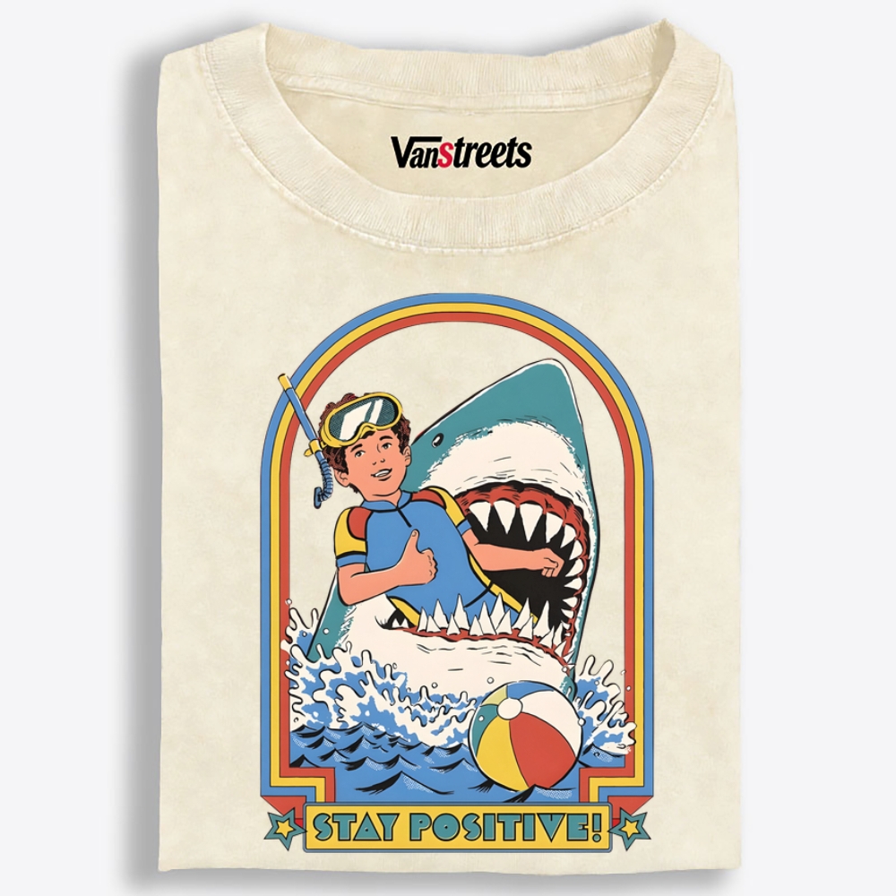 Stay Positive Shark Retro Washed T-Shirt | 100% Cotton | Streetwear Essential