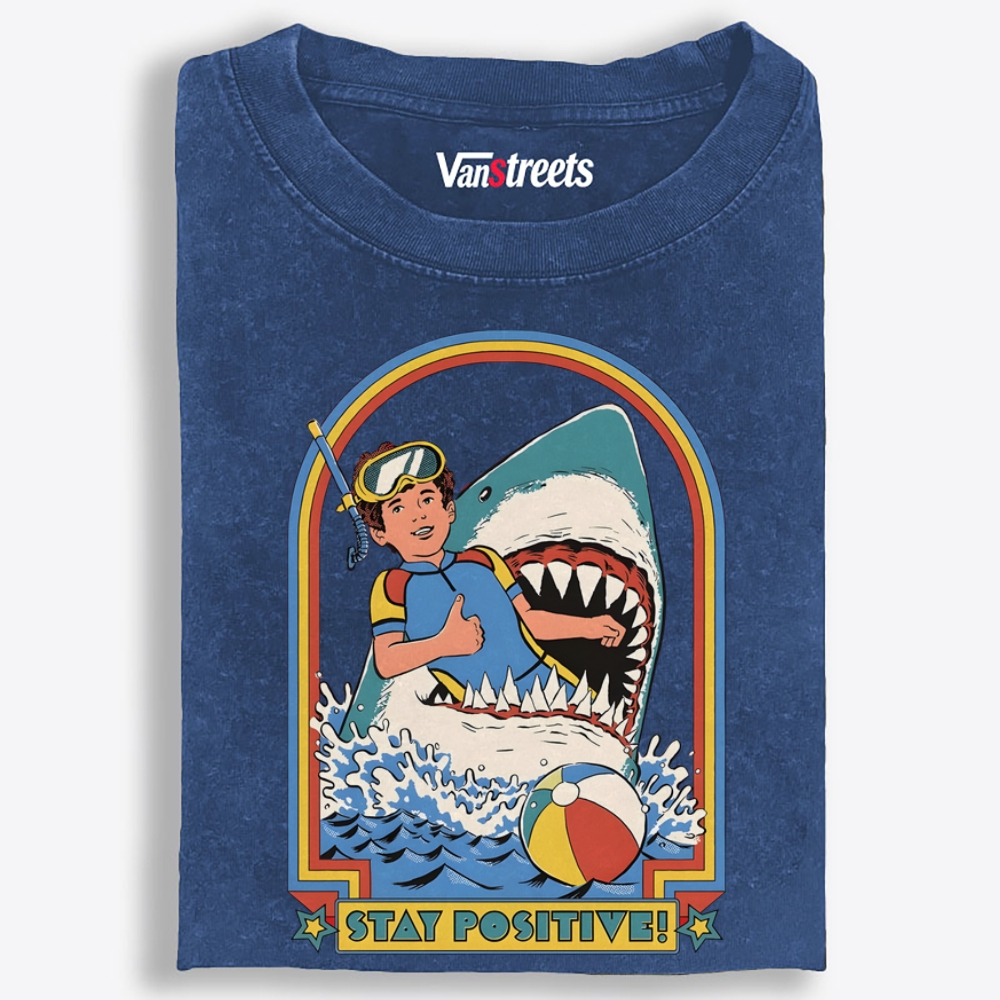 Stay Positive Shark Retro Washed T-Shirt | 100% Cotton | Streetwear Essential