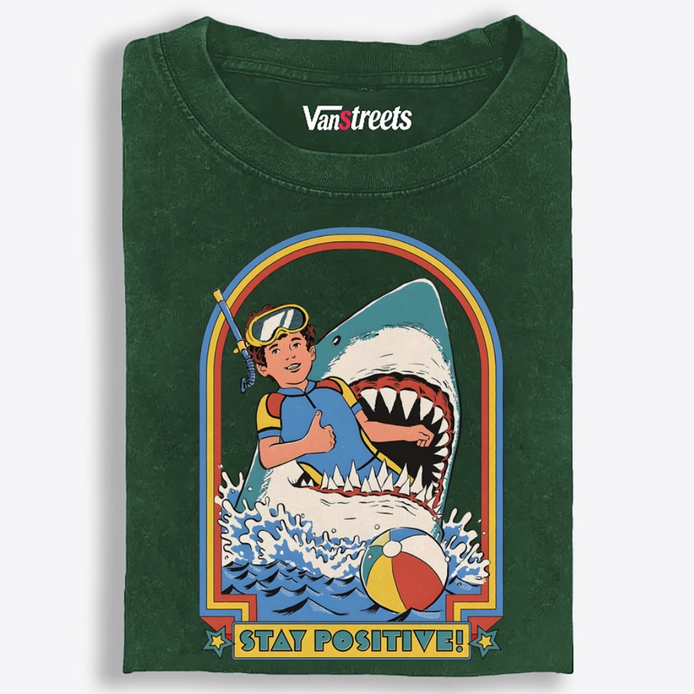 Stay Positive Shark Retro Washed T-Shirt | 100% Cotton | Streetwear Essential