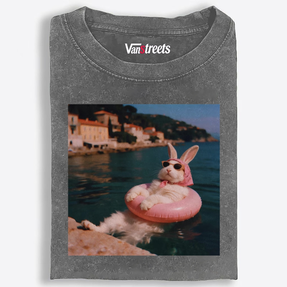 Rabbit On Vacation Swimming Ring Retro Washed T-Shirt | 100% Cotton | Streetwear Essential
