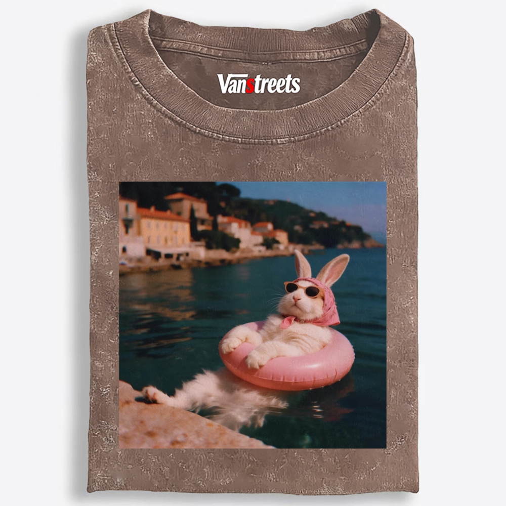 Rabbit On Vacation Swimming Ring Retro Washed T-Shirt | 100% Cotton | Streetwear Essential