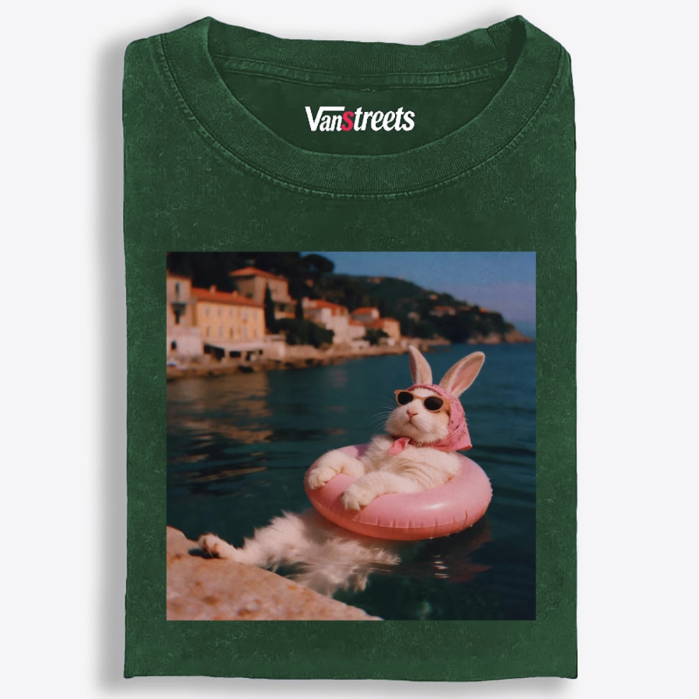Rabbit On Vacation Swimming Ring Retro Washed T-Shirt | 100% Cotton | Streetwear Essential
